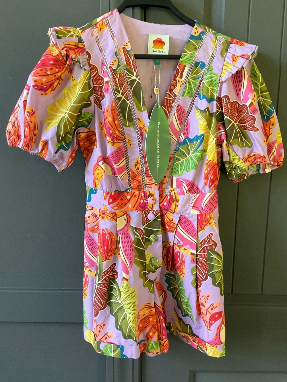 FARM Rio Lilac Beaks & Bananas Tropical Leaf V-Neck Romper with Puff Sleeves